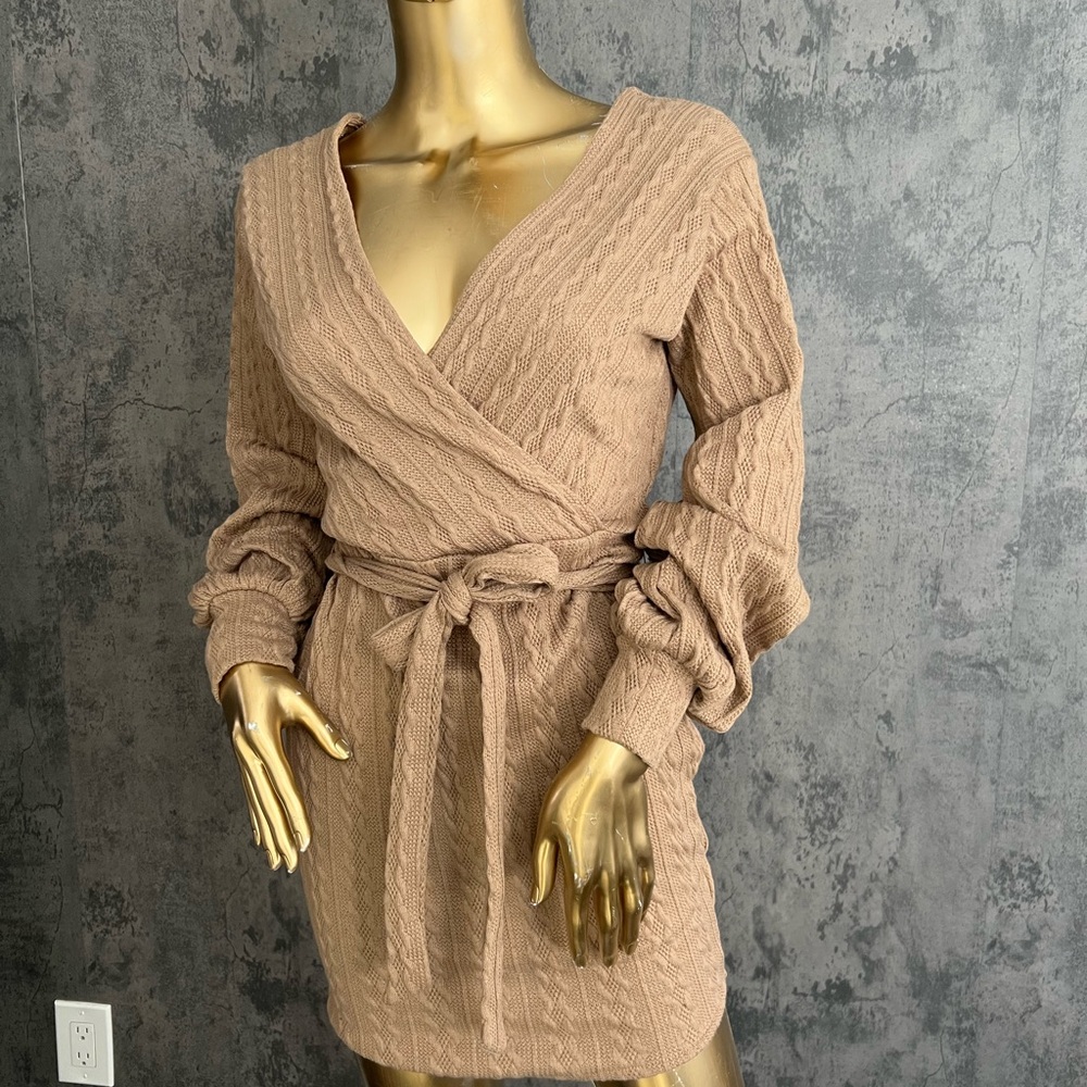 Windsor Tan Long Sleeve Wrap Dress